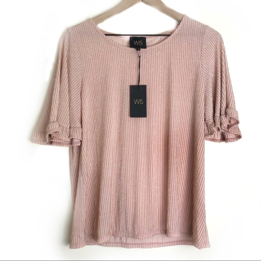 NWT Anthro W5 Metallic Pink Ruffle Sleeve Top